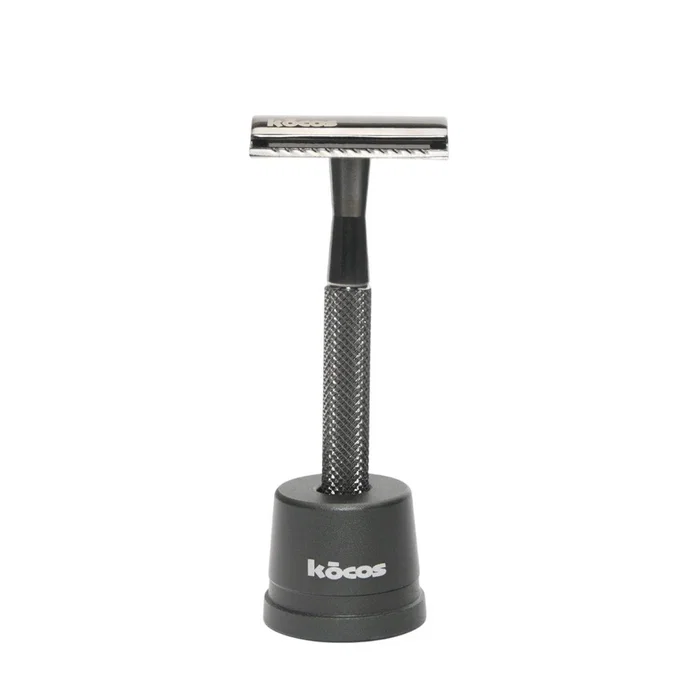 Kocos XIFOS Maquinilla de Afeitar de Doble Filo para Hombre, Color Gris, Incluye Base y 5 Cuchillas de Acero Inoxidable de Recambio, Afeitado de Precisión Tipo Barbería