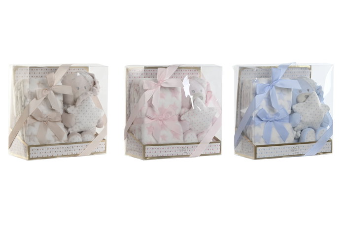 DKD Home Decor Peluche Manta Bebé Rosa, Azul, Beige Poliéster 100 x 1 x 80 cm Set 2 Piezas