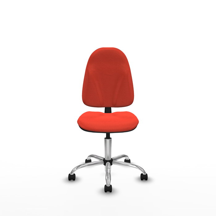 Silla de oficina Algarra con mecanismo Contacto permanente básico tapizada con Tela color Naranja oscuro. Equipada con Base cromada, Sin brazos y Ruedas de nailon 50 mm