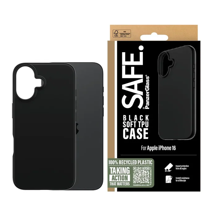 PanzerGlass SAFE by TPU Case con Certificación Militar MIL-STD-810H - Funda Protectora Negra para Apple iPhone 16 - Resistente a Golpes y Rayones
