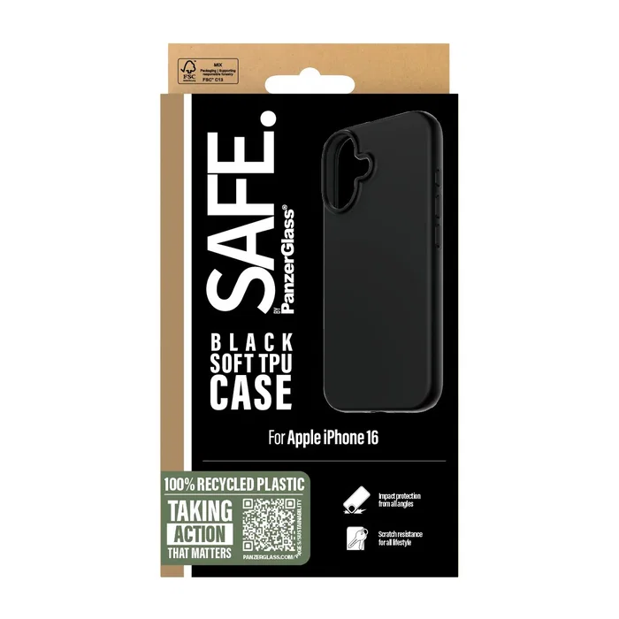 PanzerGlass SAFE by TPU Case con Certificación Militar MIL-STD-810H - Funda Protectora Negra para Apple iPhone 16 - Resistente a Golpes y Rayones