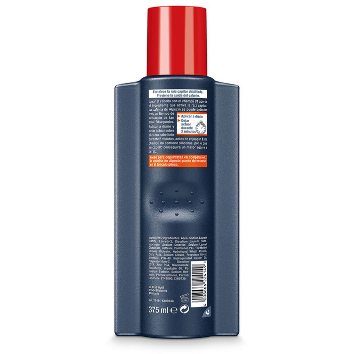 Alpecin Champú Anticaída Caffeine C1 para Hombre, 375 ml, Fortalece el Cabello y Promueve el Crecimiento