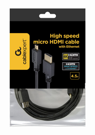 GEMBIRD Cable HDMI a Micro HDMI 4.5m Negro, HDMI Tipo A a Tipo D, Alta Velocidad con Ethernet, Soporta 4K UHD y 3D