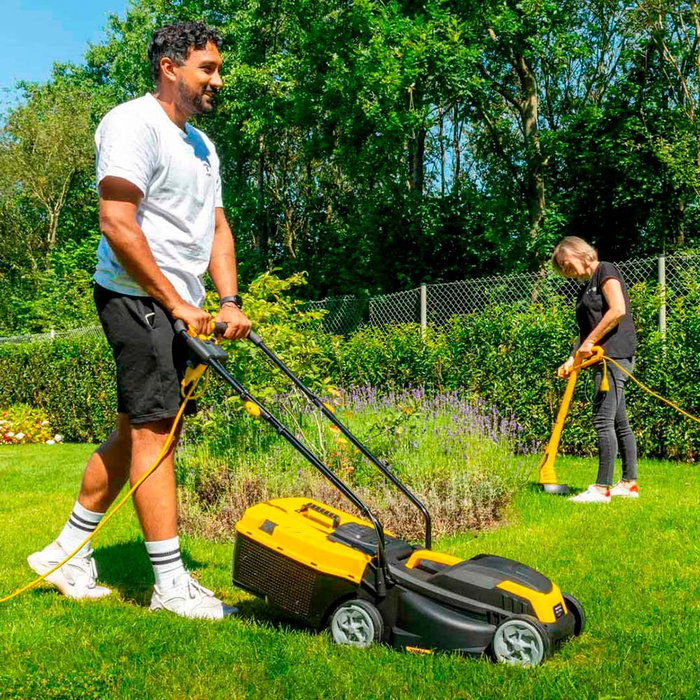 Powerplus Cortacésped Eléctrico 1300W con Ancho de Corte 320 mm, Mango Ajustable y Bolsa 30L + Cortabordes 250W con Sistema Tap&Go (Kit Jardín)