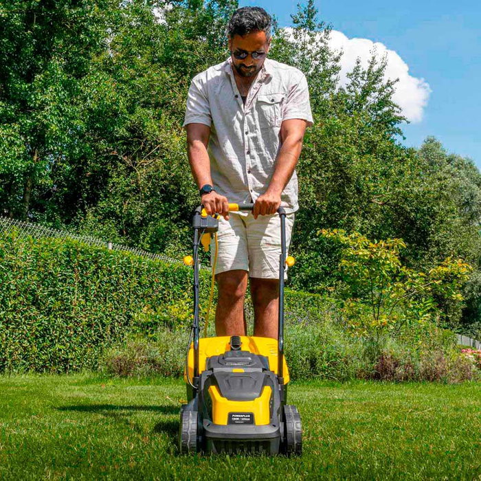 Powerplus - Cortacésped eléctrico 1300W 320mm con cortabordes 250W, sistema Tap&Go, altura de corte ajustable 22-65mm, bolsa 30L, IPX4