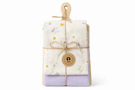 DKD Home Decor Set de 3 Paños de Algodón Margaritas y Tabla de Madera de Pino