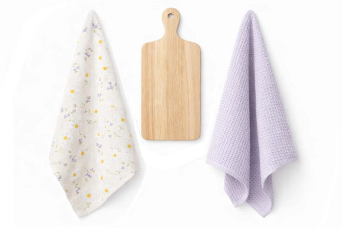 DKD Home Decor Set de 3 Paños de Algodón Margaritas y Tabla de Madera de Pino
