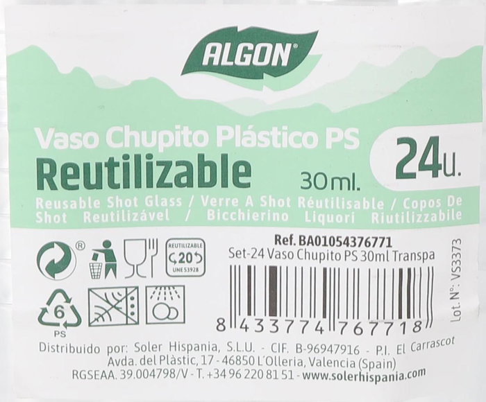 Algon Set 24 Vasos Chupito PS 30 ml Transparente Ø4 cm (24 Unidades)