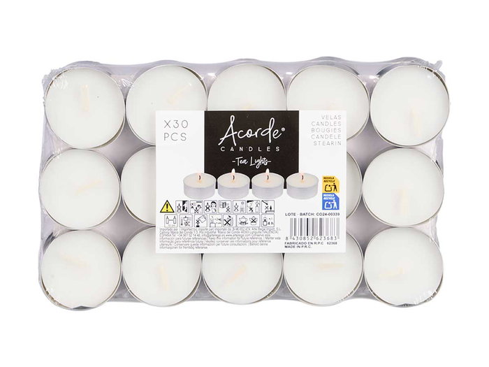 ACORDE Set de 30 Tealights Blanco-Plata 4 Horas