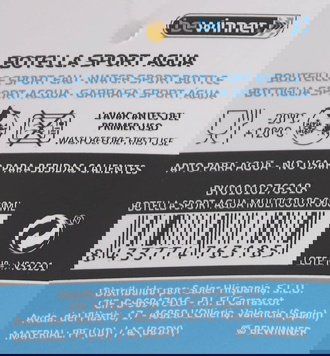 Bewinner Botella Sport Agua Multicolor 800 ml con dimensiones 8.9 cm (ancho) x 23.5 cm (alto) x 7.9 cm (largo) (12 Unidades)