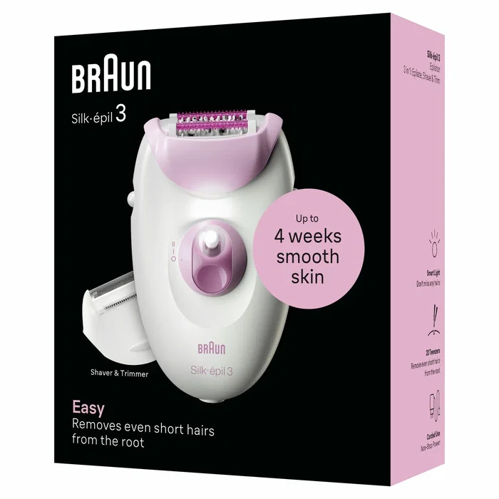 Braun Silk-épil 3 3-G31, Depiladora Eléctrica para Mujer, Color Rosa y Blanco, 20 Pinzas con Tecnología SoftLift, Incluye Cabeza Afeitadora y Recortadora