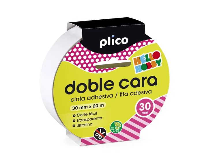 Plico Cinta Adhesiva de Doble Cara, 20 m x 30 mm, Transparente y Fina, Para Uniones Invisibles en Papel, Cartón, Textil y Goma EVA