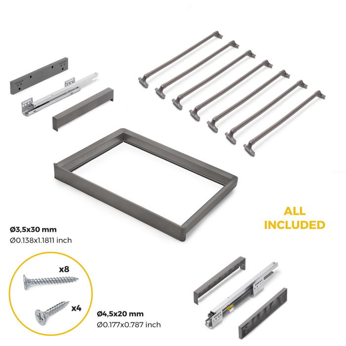 Emuca Kit de pantalonero de 7 varillas y bastidor regulable Quartz para armarios, guías de cierre suave y extracción total, Módulo 70cm, Acabado Titanio