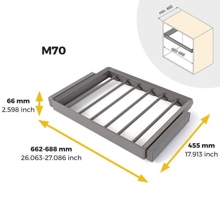 Emuca Kit de pantalonero de 7 varillas y bastidor regulable Quartz para armarios, guías de cierre suave y extracción total, Módulo 70cm, Acabado Titanio