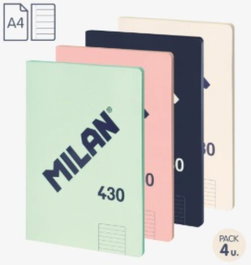 MILAN Pack de 4 libretas encoladas A4, 48 hojas, colores surtidos