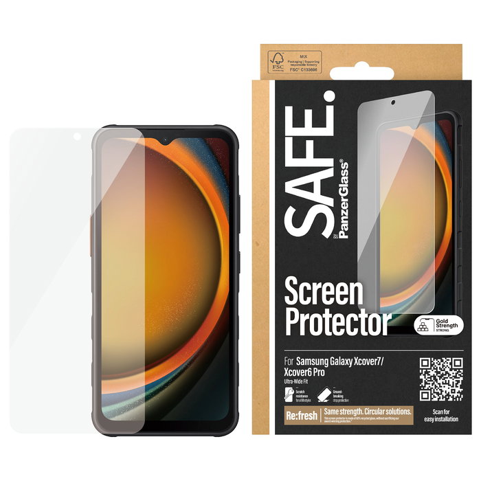 PanzerGlass SAFE. Protector de Pantalla Ultra-Wide Fit (UWF) para Samsung Xcover 7 y Galaxy Xcover6 Pro, Resistente a Golpes y Rayones, Cristal Templado, Pack de 50 Unidades