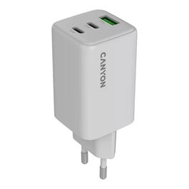 Canyon CU65ACC Cargador GaN 65W, 2 Puertos USB-C PD y 1 USB-A, Carga Rápida para Portátil/Smartphone, Enchufe UE, Blanco