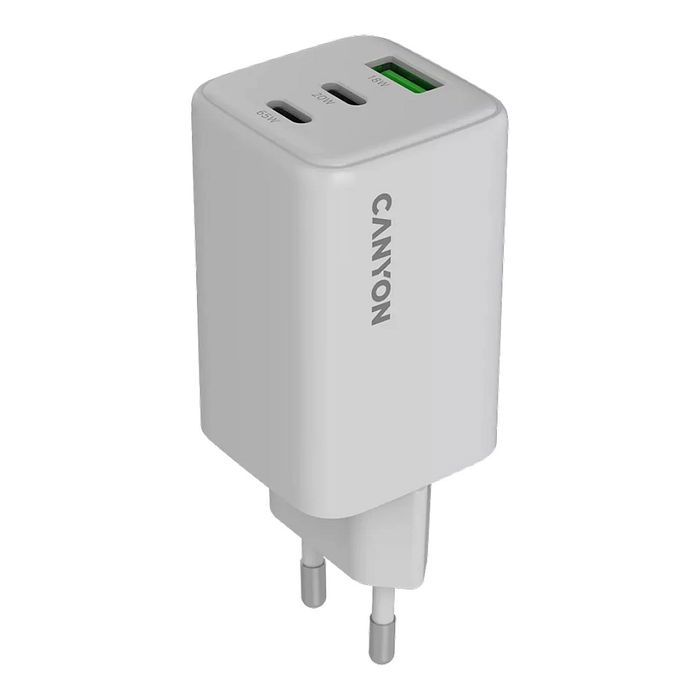 Canyon CU65ACC Cargador GaN 65W, 2 Puertos USB-C PD y 1 USB-A, Carga Rápida para Portátil/Smartphone, Enchufe UE, Blanco Canyon CU65ACC Cargador GaN 65W, 2 Puertos USB-C PD y 1 USB-A, Carga Rápida para Portátil/Smartphone, Enchufe UE, Blanco