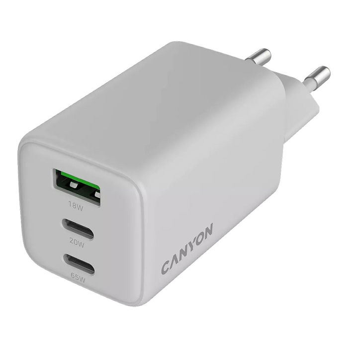 Canyon CU65ACC Cargador GaN 65W, 2 Puertos USB-C PD y 1 USB-A, Carga Rápida para Portátil/Smartphone, Enchufe UE, Blanco Canyon CU65ACC Cargador GaN 65W, 2 Puertos USB-C PD y 1 USB-A, Carga Rápida para Portátil/Smartphone, Enchufe UE, Blanco