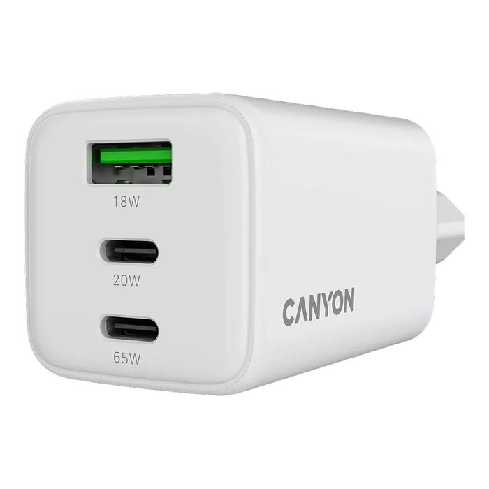 Canyon CU65ACC Cargador GaN 65W, 2 Puertos USB-C PD y 1 USB-A, Carga Rápida para Portátil/Smartphone, Enchufe UE, Blanco Canyon CU65ACC Cargador GaN 65W, 2 Puertos USB-C PD y 1 USB-A, Carga Rápida para Portátil/Smartphone, Enchufe UE, Blanco