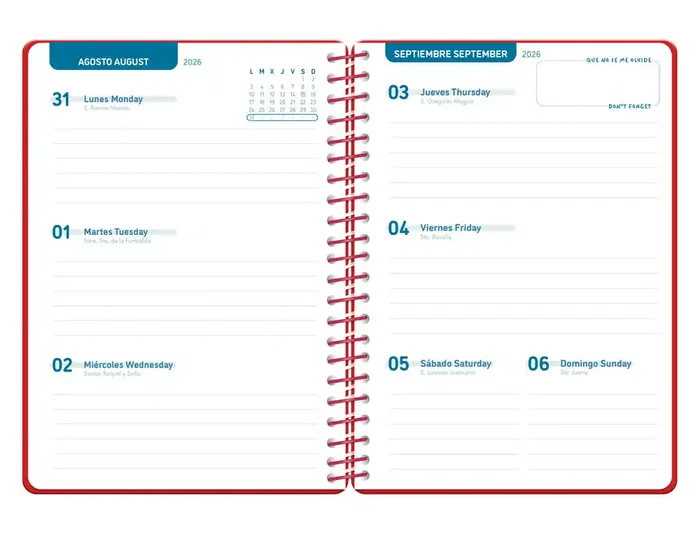 Liderpapel Agenda Escolar 2026-2027 Espiral Classic Semana Vista A5 Bilingüe, Papel FSC 70g, Color Rojo