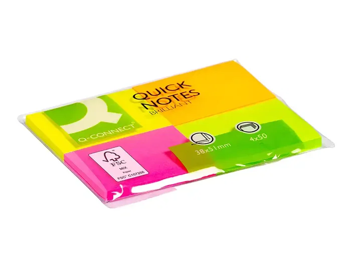 Q-connect Blocs de Notas Adhesivas Quita y Pon 38x51 mm con 50 Hojas Fluorescentes, Pack de 4 Unidades Surtidas