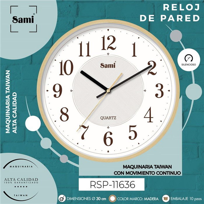 SAMI Reloj de Pared de Madera de Pino Redondo 30 cm HQ TAIWAN