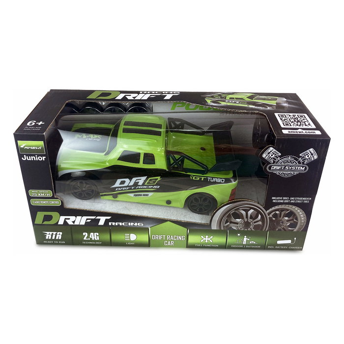 AMEWI Coche de Carreras RC Drift Racing Car 1:18 4WD RTR Modelo 21101, Efectos de Luz, Velocidad 25 km/h, Color Verde y Negro
