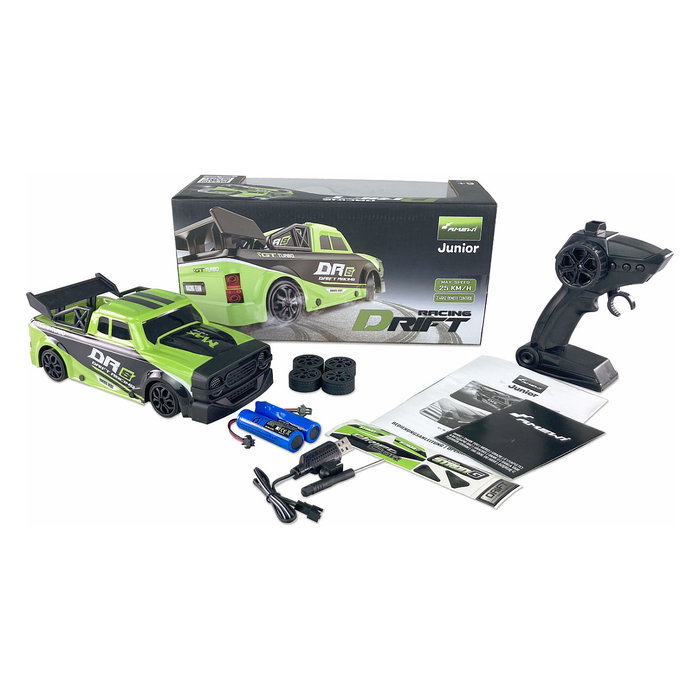 AMEWI Coche de Carreras RC Drift Racing Car 1:18 4WD RTR Modelo 21101, Efectos de Luz, Velocidad 25 km/h, Color Verde y Negro