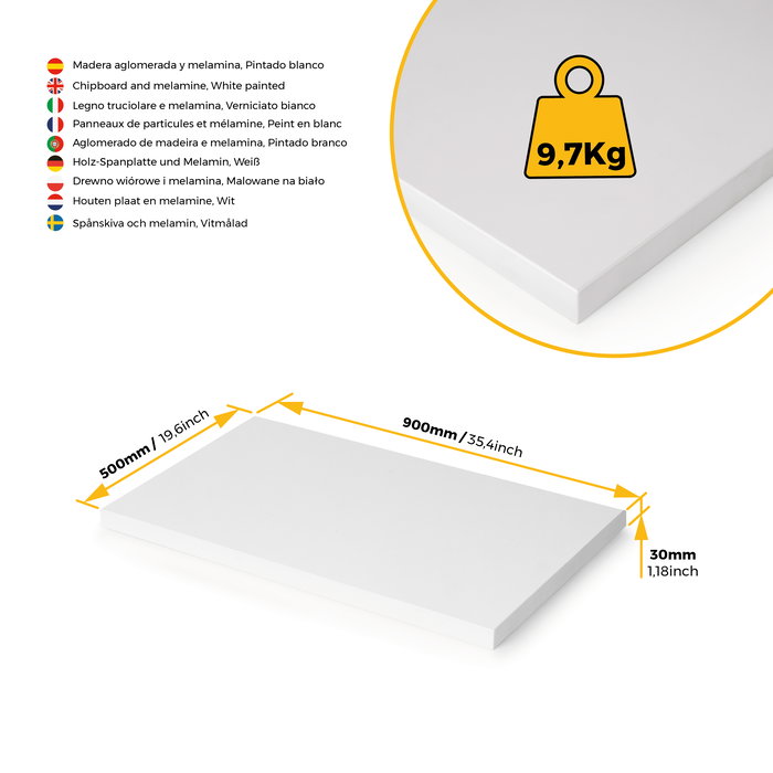 Emuca Tablero para mesa, 900x500mm, espesor 30mm, Madera, Pintado blanco