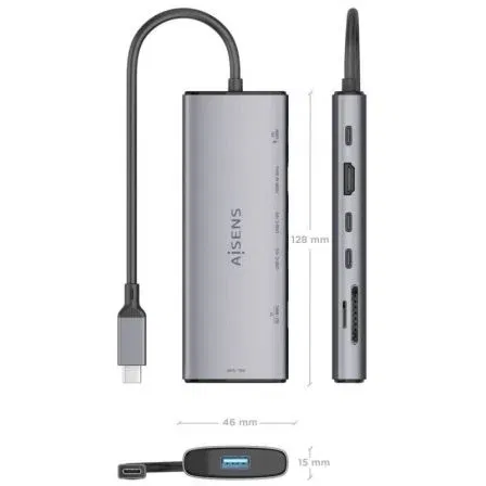 Aisens ASUC-7P031-GR Docking USB Tipo-C 7 en 1 con HDMI 4K, USB-A, 2xUSB Tipo-C, Lector Tarjetas, USB Tipo-C PD 100W, Gris
