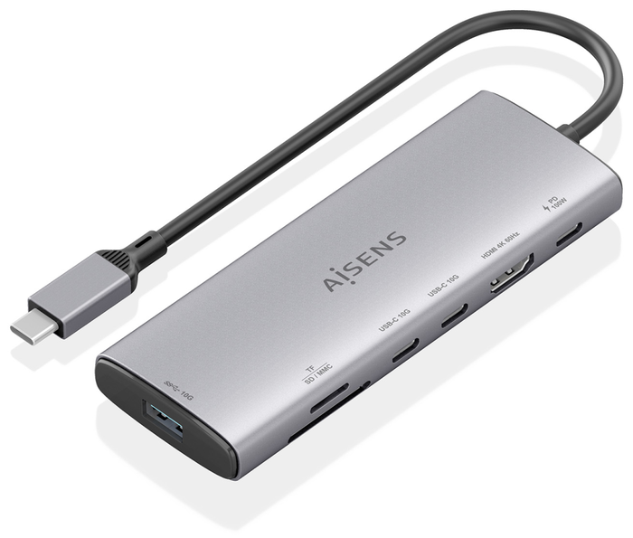 AISENS USB-C Dock 7 en 1 con HDMI 4K y puertos de 10 Gbps, Gris