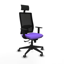Silla de oficina Horna con mecanismo Sincro/Traslack tapizada con Tela color Lila y malla color Negro. Equipada con lumbar 1D, Brazos 1D, Cabecero Fijo y Ruedas 65 mm parqué