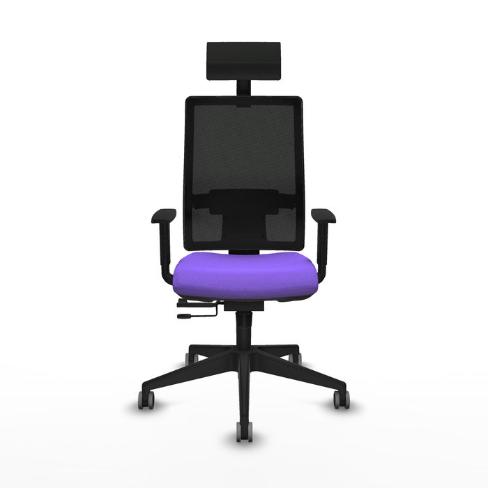 Silla de oficina Horna con mecanismo Sincro/Traslack tapizada con Tela color Lila y malla color Negro. Equipada con lumbar 1D, Brazos 1D, Cabecero Fijo y Ruedas 65 mm parqué