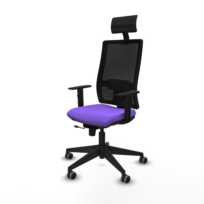 Silla de oficina Horna con mecanismo Sincro/Traslack tapizada con Tela color Lila y malla color Negro. Equipada con lumbar 1D, Brazos 1D, Cabecero Fijo y Ruedas 65 mm parqué