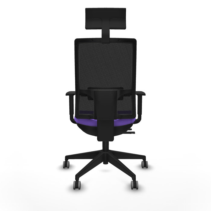 Silla de oficina Horna con mecanismo Sincro/Traslack tapizada con Tela color Lila y malla color Negro. Equipada con lumbar 1D, Brazos 1D, Cabecero Fijo y Ruedas 65 mm parqué