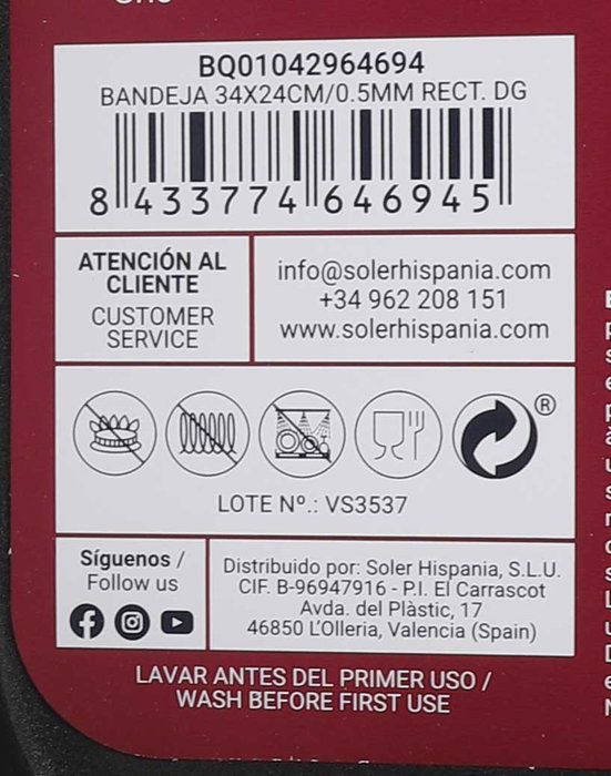 Quttin Bandeja Rectangular 34 x 24 cm, 0.5 mm Grosor (12 Unidades)