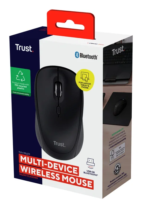 Trust Ratón Óptico Inalámbrico Yvi+ Multidispositivo Negro (Bluetooth 5.0 y 2.4 GHz) Ambidiestro 800-1600 DPI Ajustable, Botones Silenciosos, Batería de 12 Meses