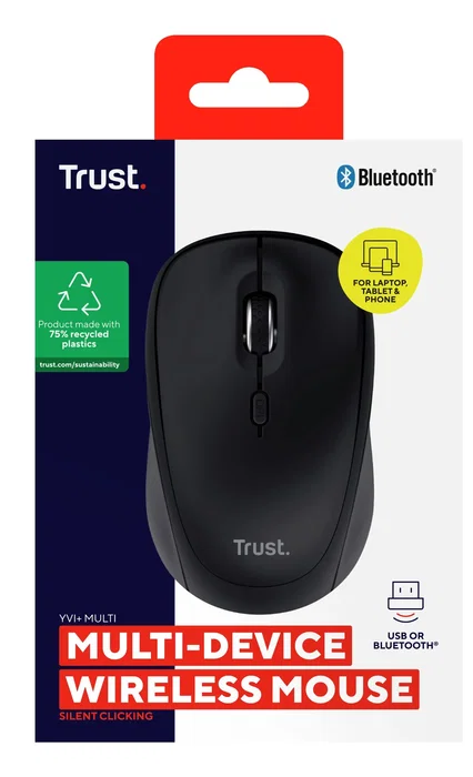 Trust Ratón Óptico Inalámbrico Yvi+ Multidispositivo Negro (Bluetooth 5.0 y 2.4 GHz) Ambidiestro 800-1600 DPI Ajustable, Botones Silenciosos, Batería de 12 Meses