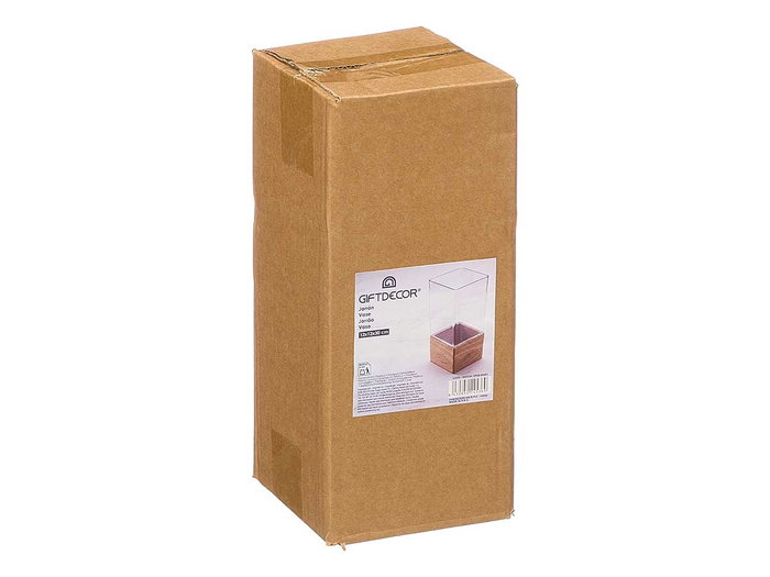 GIFTDECOR Jarrón Acrílico Cuadrado Base Madera 12x12x30cm