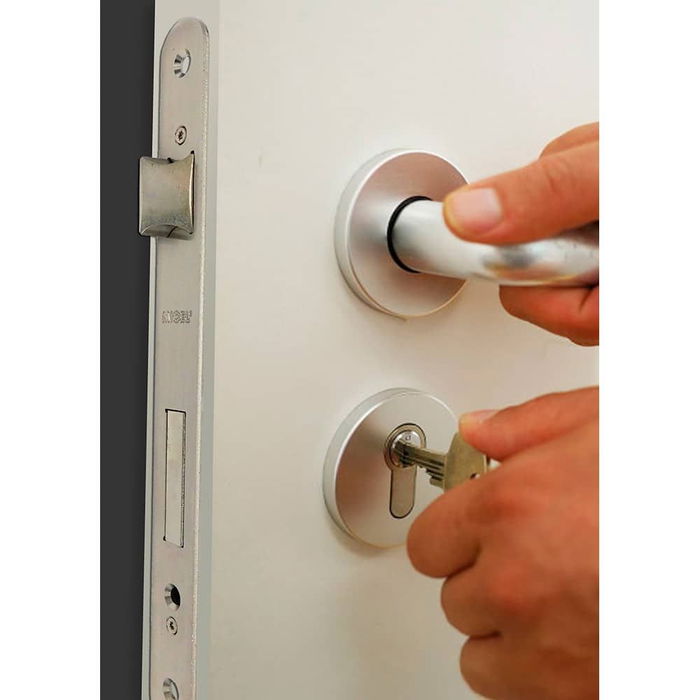 Micel Cerradura de Embutir CRE06 para Cilindro Europeo, Entrada 50 mm, Ejes 85 mm, Leva Larga L15, Níquel Satinado, para Puertas de Madera con Canto Redondo