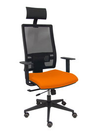 Silla de oficina Horna con mecanismo Sincro/Traslack tapizada con Tela color Naranja y malla color Negro. Equipada con lumbar 1D, Brazos 1D, Cabecero Fijo y Ruedas de parqué
