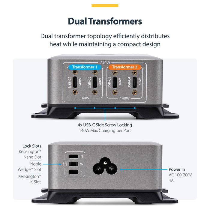 StarTech.com 424DUK-USB-C-CHARGER Cargador USB-C de 4 Puertos 240W con Tecnología GaN, Power Delivery 3.1, Hasta 140W por Puerto, Cable AC de 1.8m, Color Gris