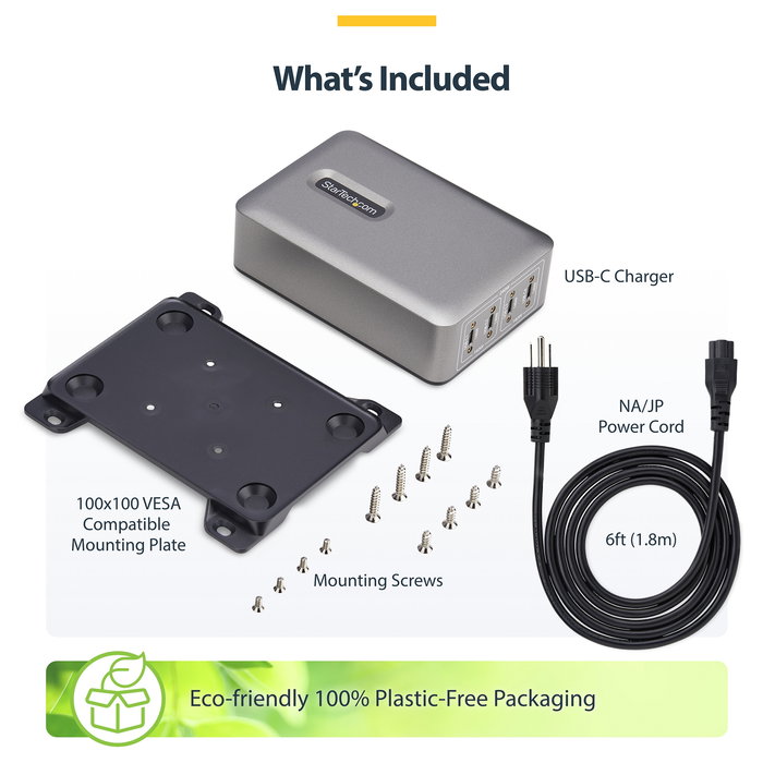 StarTech.com 424DUK-USB-C-CHARGER Cargador USB-C de 4 Puertos 240W con Tecnología GaN, Power Delivery 3.1, Hasta 140W por Puerto, Cable AC de 1.8m, Color Gris