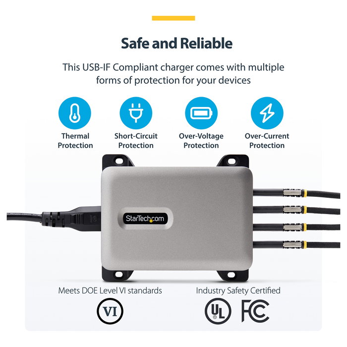 StarTech.com 424DUK-USB-C-CHARGER Cargador USB-C de 4 Puertos 240W con Tecnología GaN, Power Delivery 3.1, Hasta 140W por Puerto, Cable AC de 1.8m, Color Gris