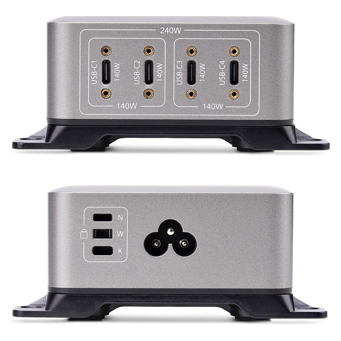 StarTech.com 424DUK-USB-C-CHARGER Cargador USB-C de 4 Puertos 240W con Tecnología GaN, Power Delivery 3.1, Hasta 140W por Puerto, Cable AC de 1.8m, Color Gris