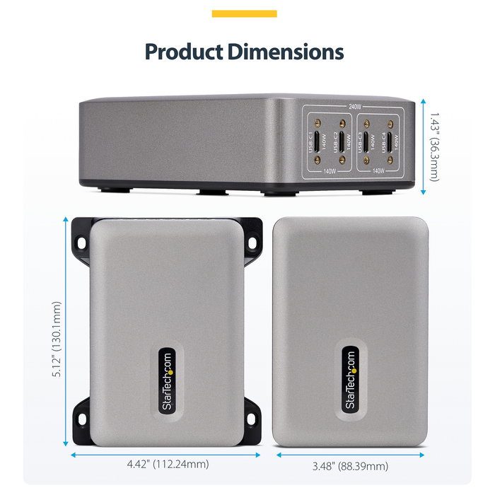 StarTech.com 424DUK-USB-C-CHARGER Cargador USB-C de 4 Puertos 240W con Tecnología GaN, Power Delivery 3.1, Hasta 140W por Puerto, Cable AC de 1.8m, Color Gris
