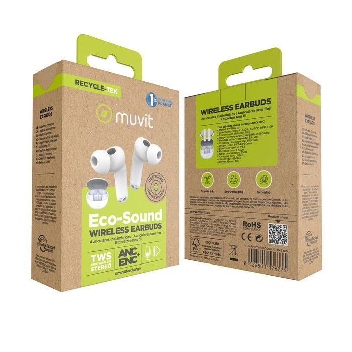 muvit for change auriculares estéreo true wireless ANC+ENC blancos