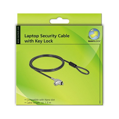 DeLOCK Cable de Seguridad para Laptop con Bloqueo de Llave, Acero al Carbono 1.5 m, Compatible con Ranura HP Nano, Incluye 2 Llaves, Negro/Plata