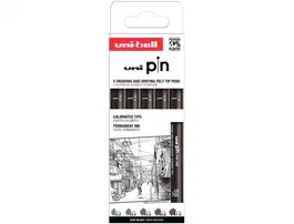 Uniball Rotulador PIN Calibrado Clasico II Blister 5 Unidades Negro Punta Micrometrica Tinta Pigmentada Resistente al Agua Dibujo Profesional Artistico Escritura
